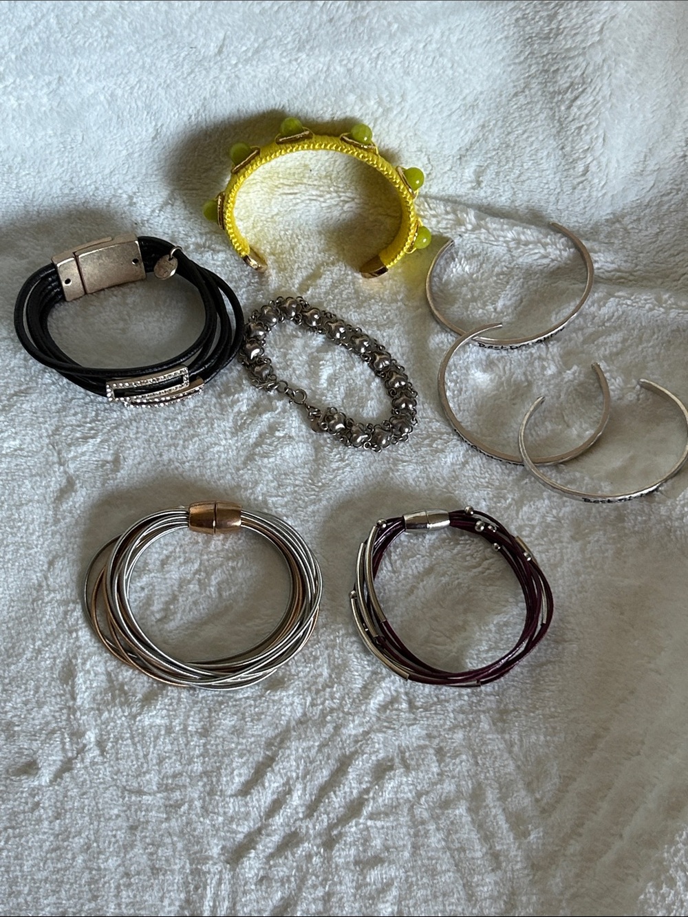 Mixed Women's Bracelet bundle with Yellow Beaded Cuff and Silver Bangles